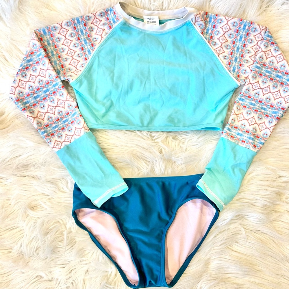 Snapper Rock Girl’s Long Sleeve Rash Guard Set - Aqua & Teal 7/8